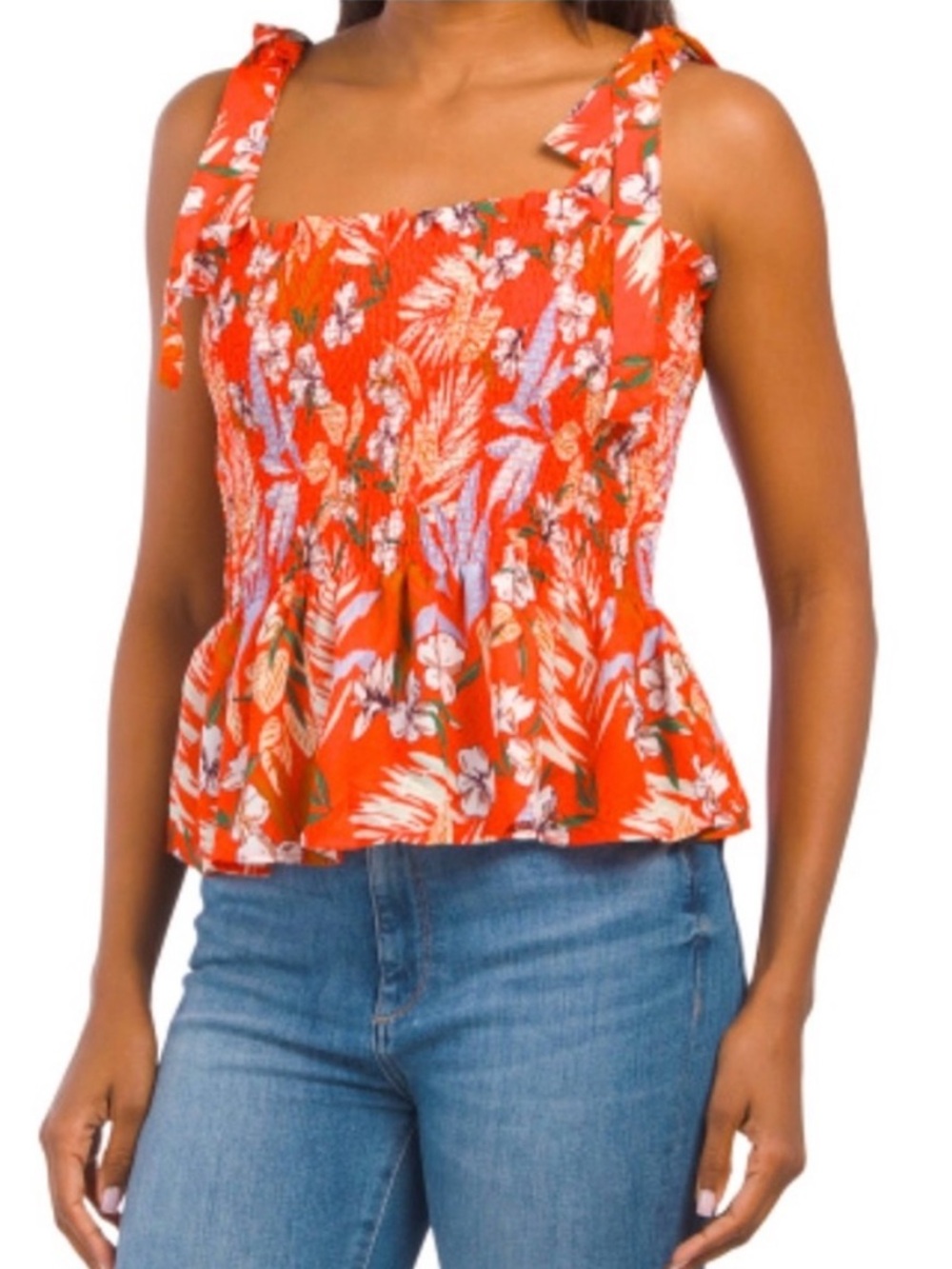 Rachel Zoe Red Floral Tropical Smocked Peplum Tie-Shoulder small